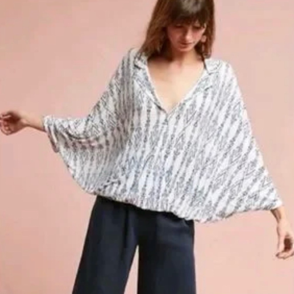 Anthropologie White Printed Batwing Blouse